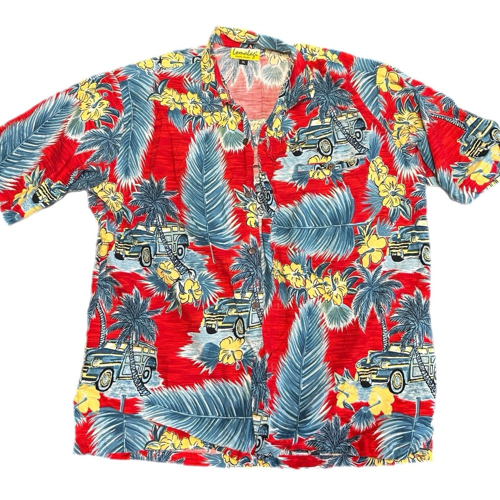 Lomalagi Hawaiian Floral Print Button-Up Shirt Red Blue Yellow XL Short Sleeve